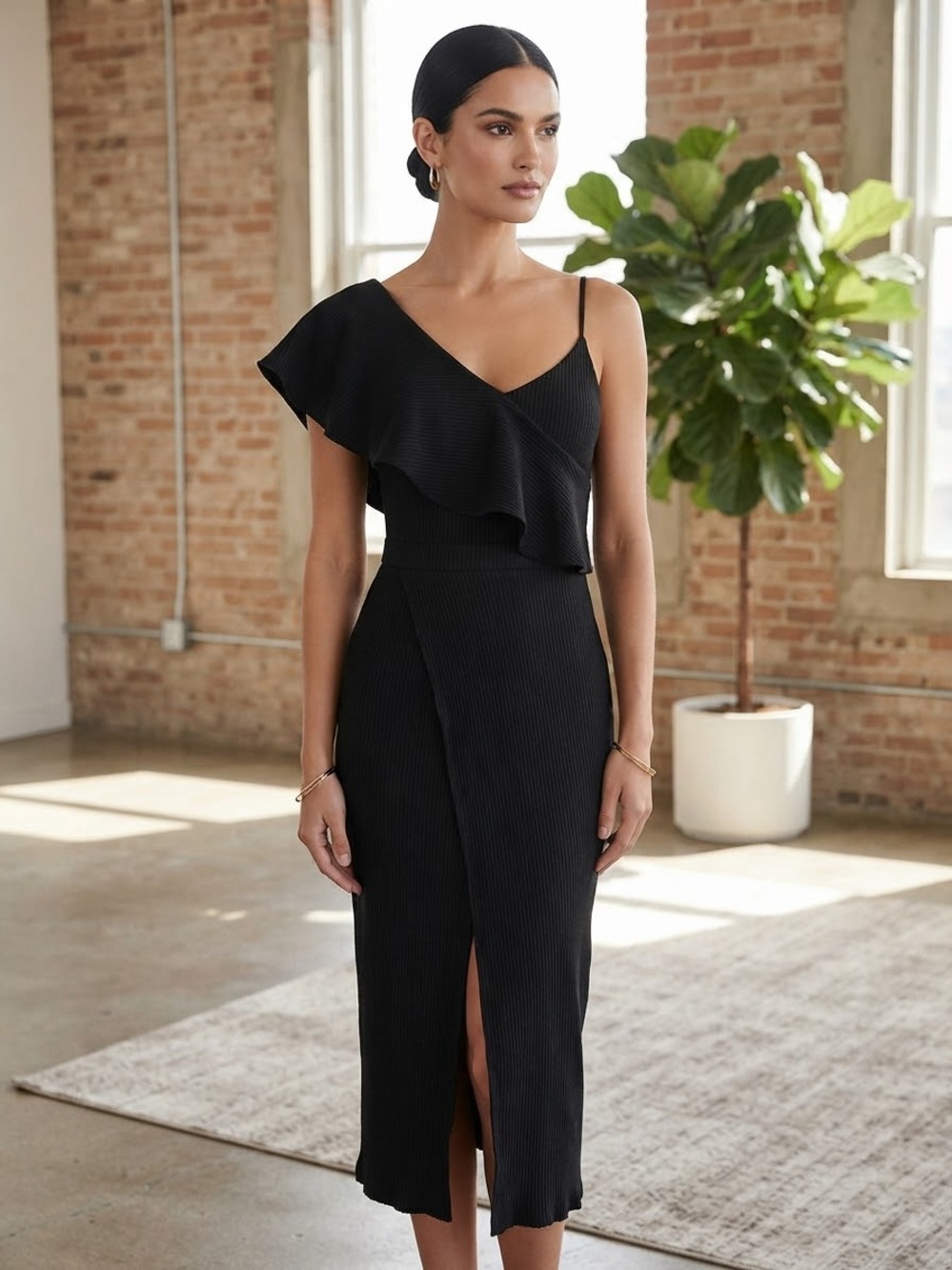 Club Monaco Black One-Shoulder Ruffle Midi Dress